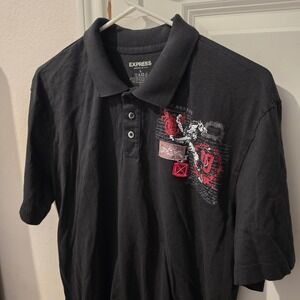 Express Mens Black Graphic Polo Shirt Lion Crest Red 18 Applique Large Cotton